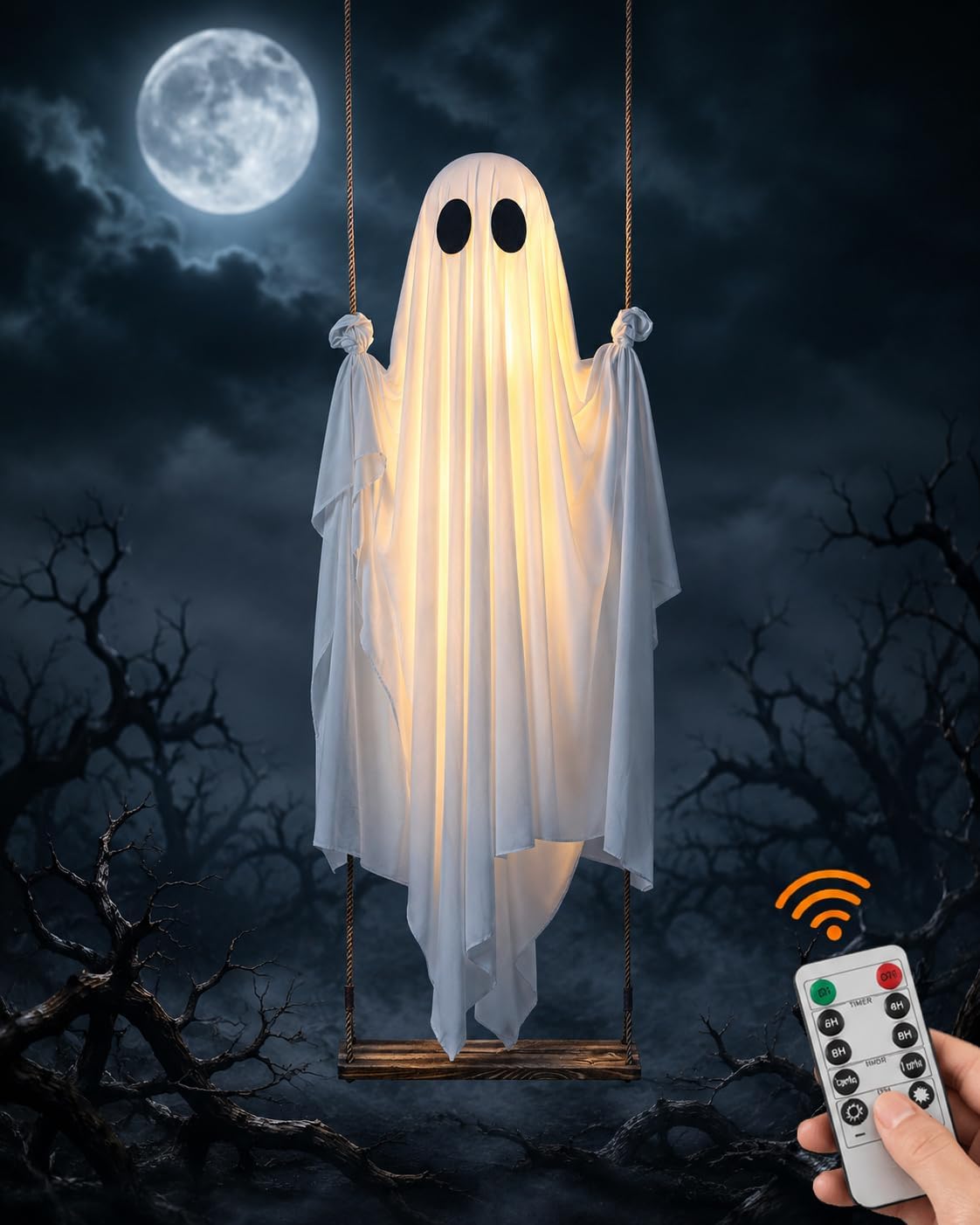 XWLYCNO Swinging Ghost Halloween Decorations Outdoor Decor Animatronics Tree Size Lighted Swing with Glowing