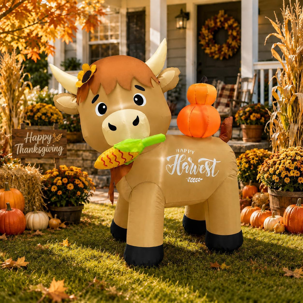 5FT Thanksgiving Inflatable Highland Cow Outdoor Decoration, Harvest Cow Blow Up Yard Decor with Pumpkin,