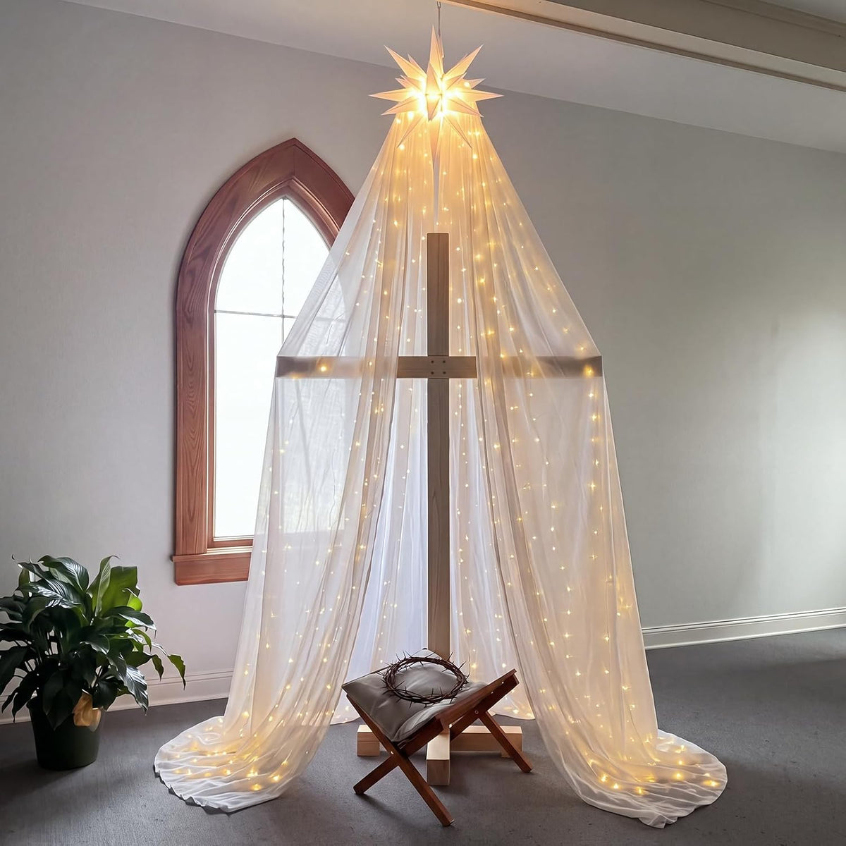 Vicenpal 7 Pcs Christmas Lighted Nativity Scene Set for Religious Decor / 71" Large Wooden Cross, Moravian