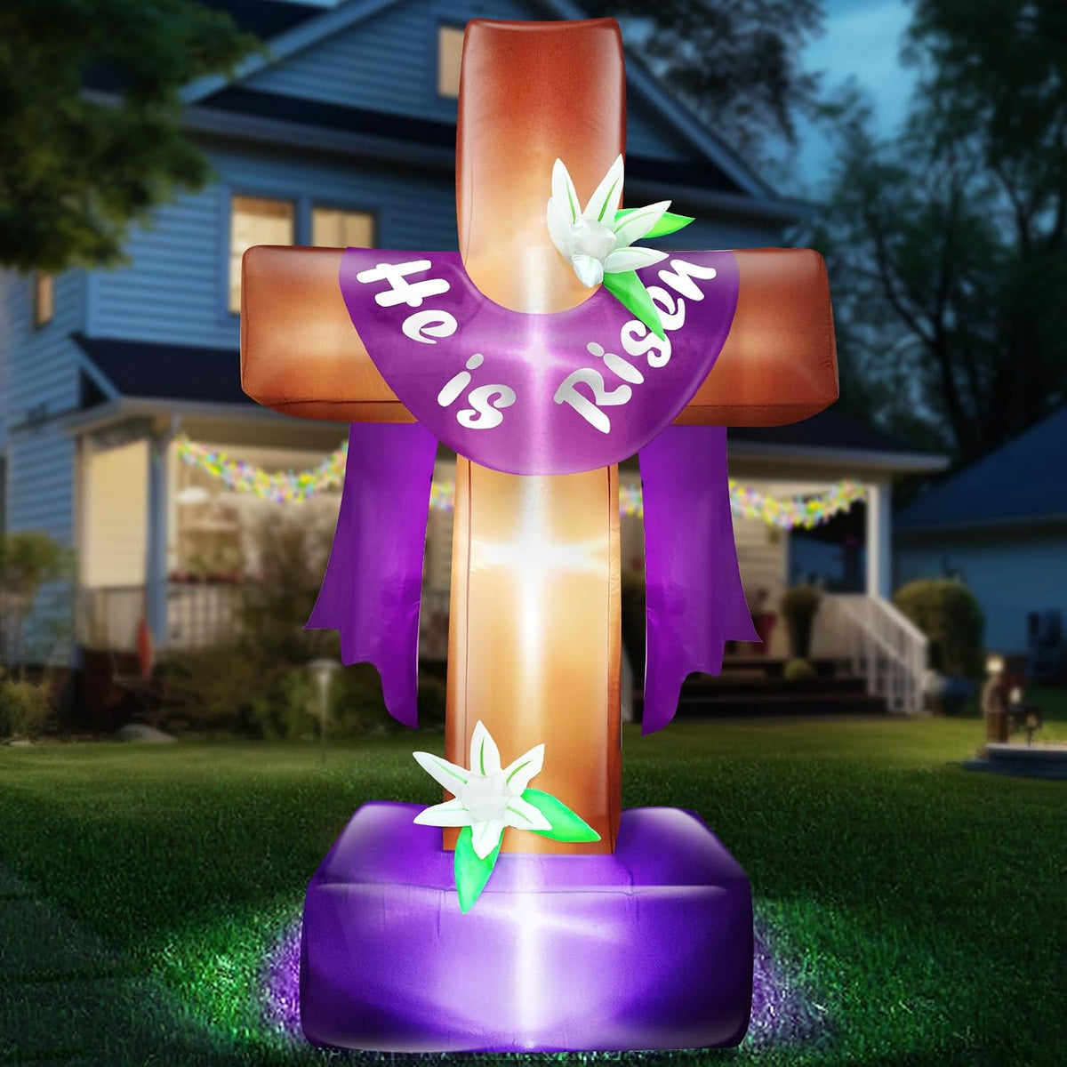 8 Ft Easter Inflatable Cross Outdoor Decoration, Blow Up He is Risen Yard Decorations with Built-in LED