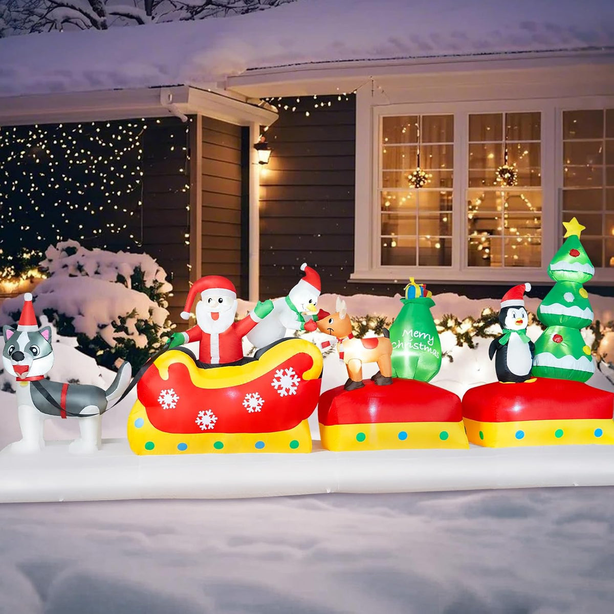B&D 12FT Long Christmas Inflatables Outdoor Decorations, Inflatable Santa Claus on Dog Sled with Snowman,