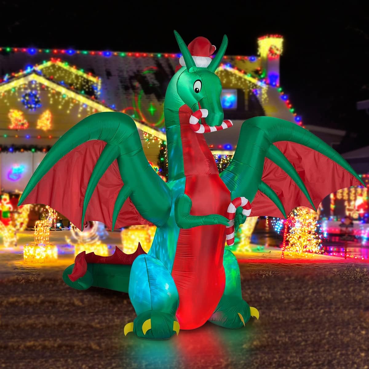 BLOWOUT FUN 8ft Inflatable Christmas Dragon with Candy Disco Light / Blow Up Christmas Bulid in Lights Decor