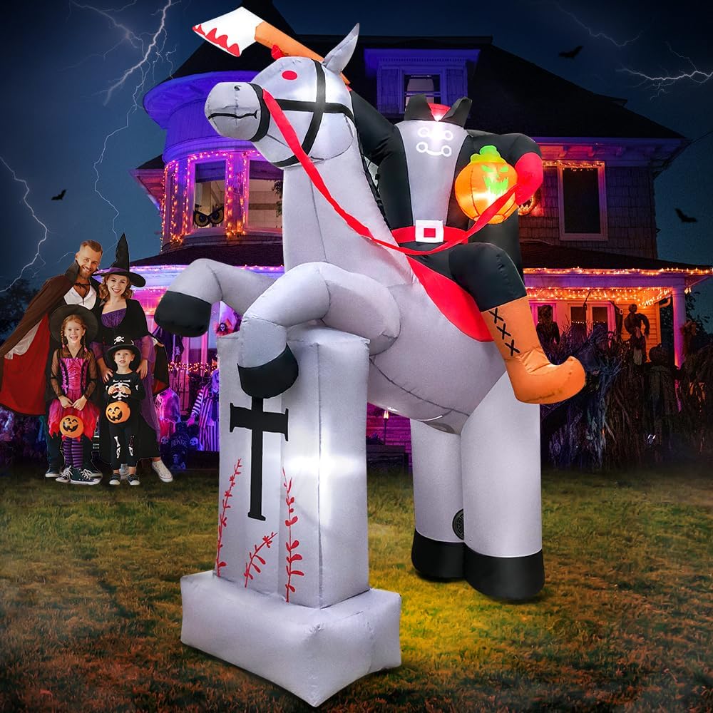 8 FT Halloween Inflatables Headless Horseman Decoration with Led Light Up Halloween Inflatables Outdoor