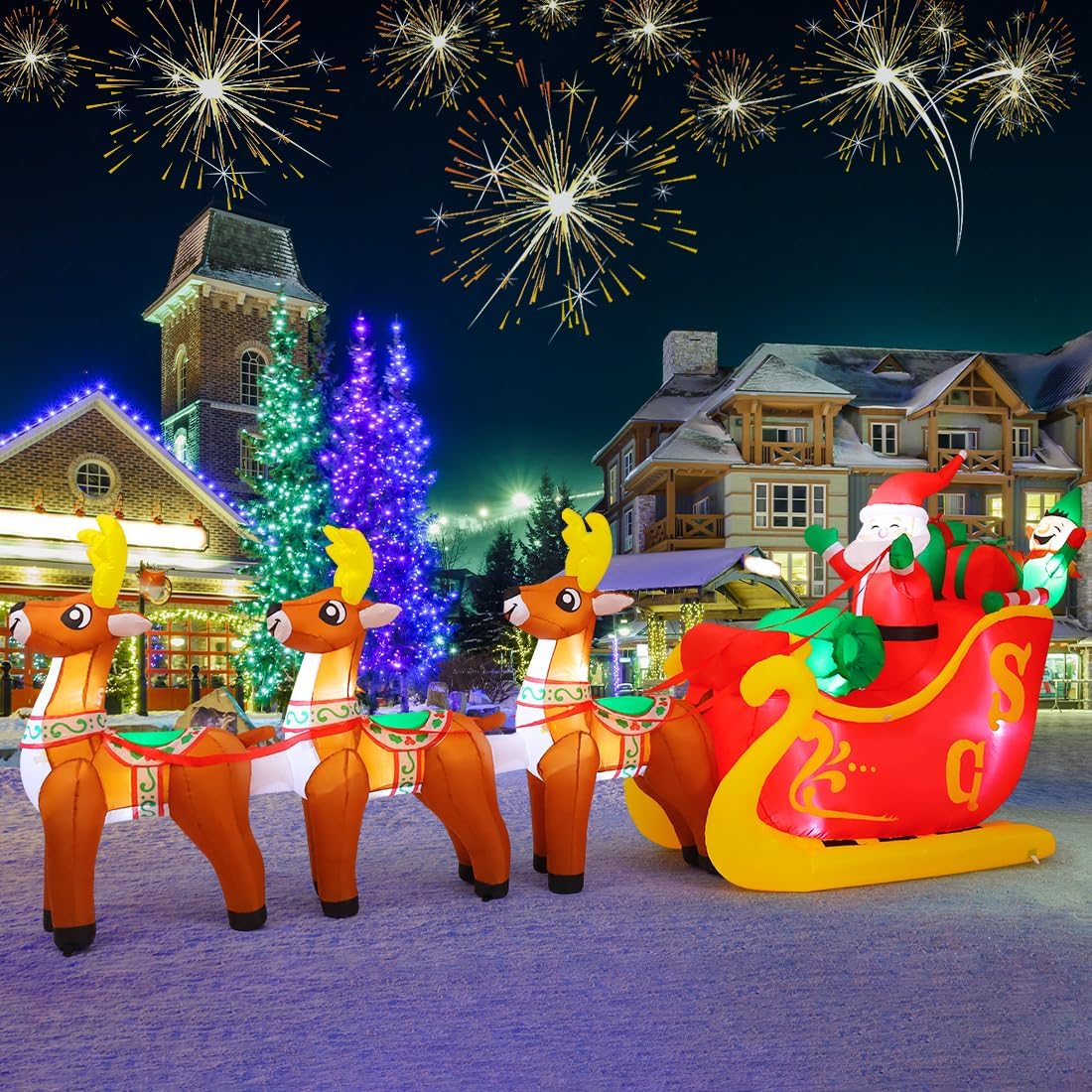 GOOSH 12 Ft Christmas Inflatable Reindeer cart Outdoor Decorations Blow Up Yard Three Deer Pulling a Sleigh