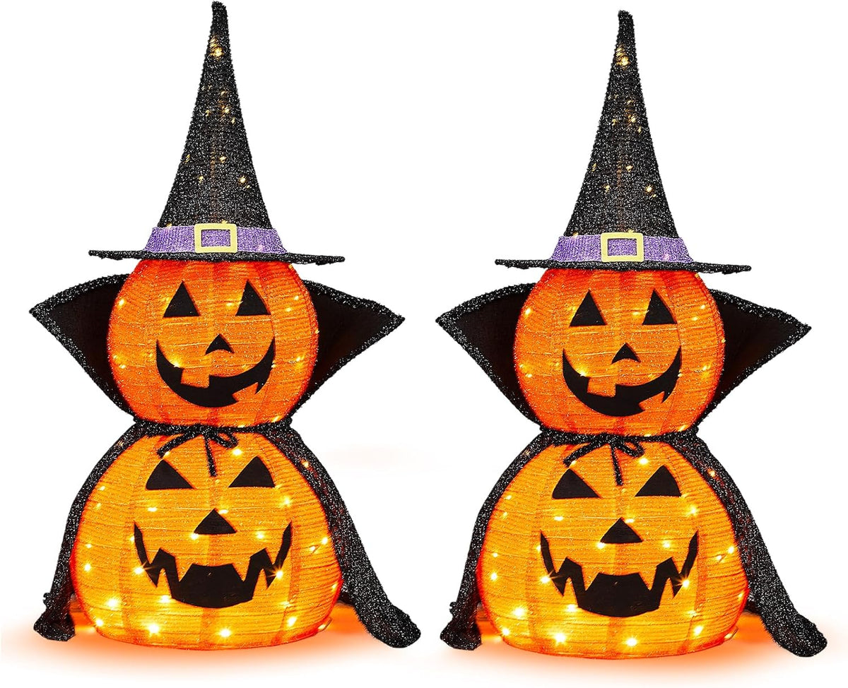 Outvita 2PC Halloween Collapsible Pumpkin Decoration, 150 LED Pop-Up Pumpkin Lamp with Star Cap, 3FT Plug in