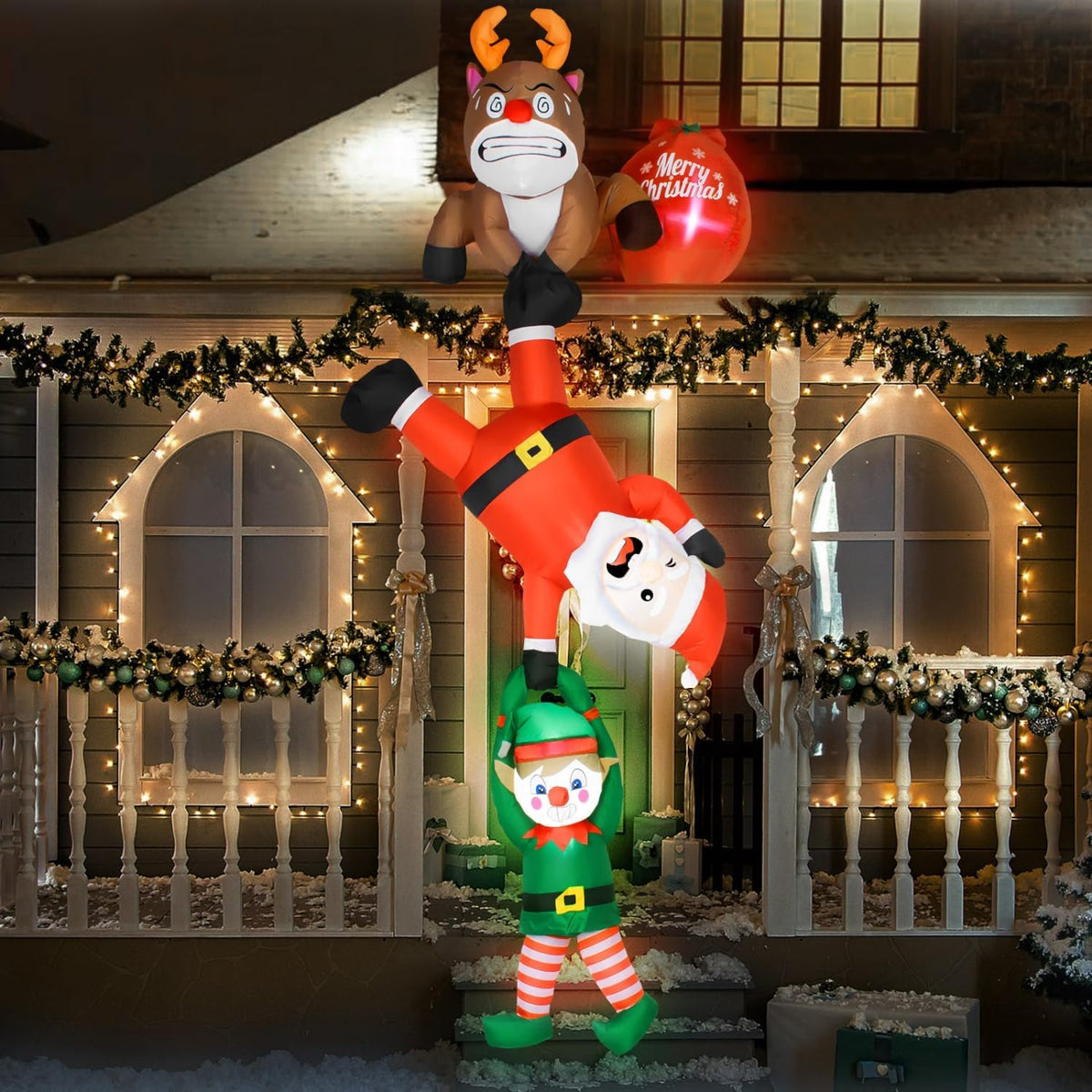 Rocinha 8 FT Hanging Christmas Inflatable Santa Reindeer Elf Outdoor Decor / Blow Up Reindeer Pull Climbing