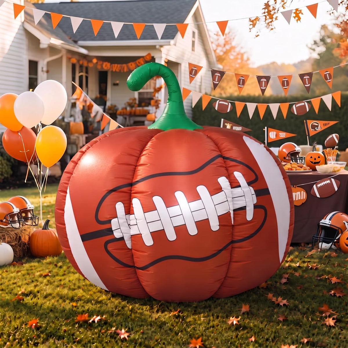 Hollowfly 5ft Fall Inflatable Football Pumpkin Outdoor Decorations / with Build-in Led, Thanksgiving Autumn