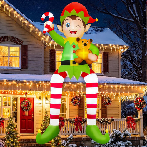 10FT Christmas Inflatable Elf Holding Bear, Outdoor Blow Up Yard Decor / Cute Sitting Elf With Teddy Bear