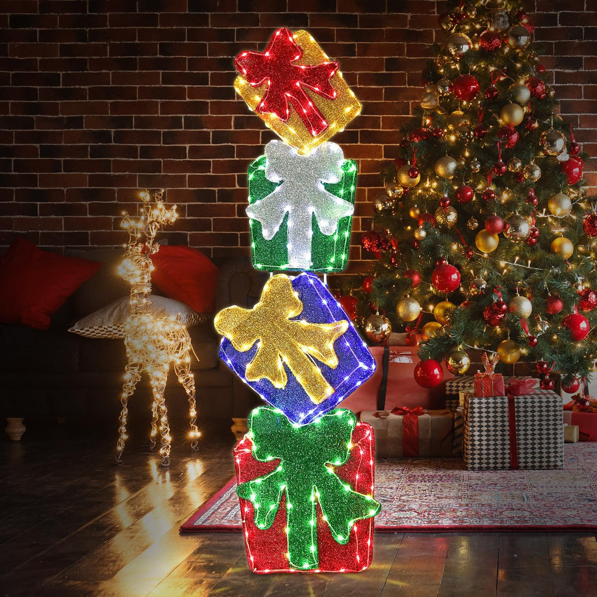 DomKom Set of 4 Flat Stacked Christmas Lighted Gift Boxes 40" Height - 2D Lighted Christmas Boxes with