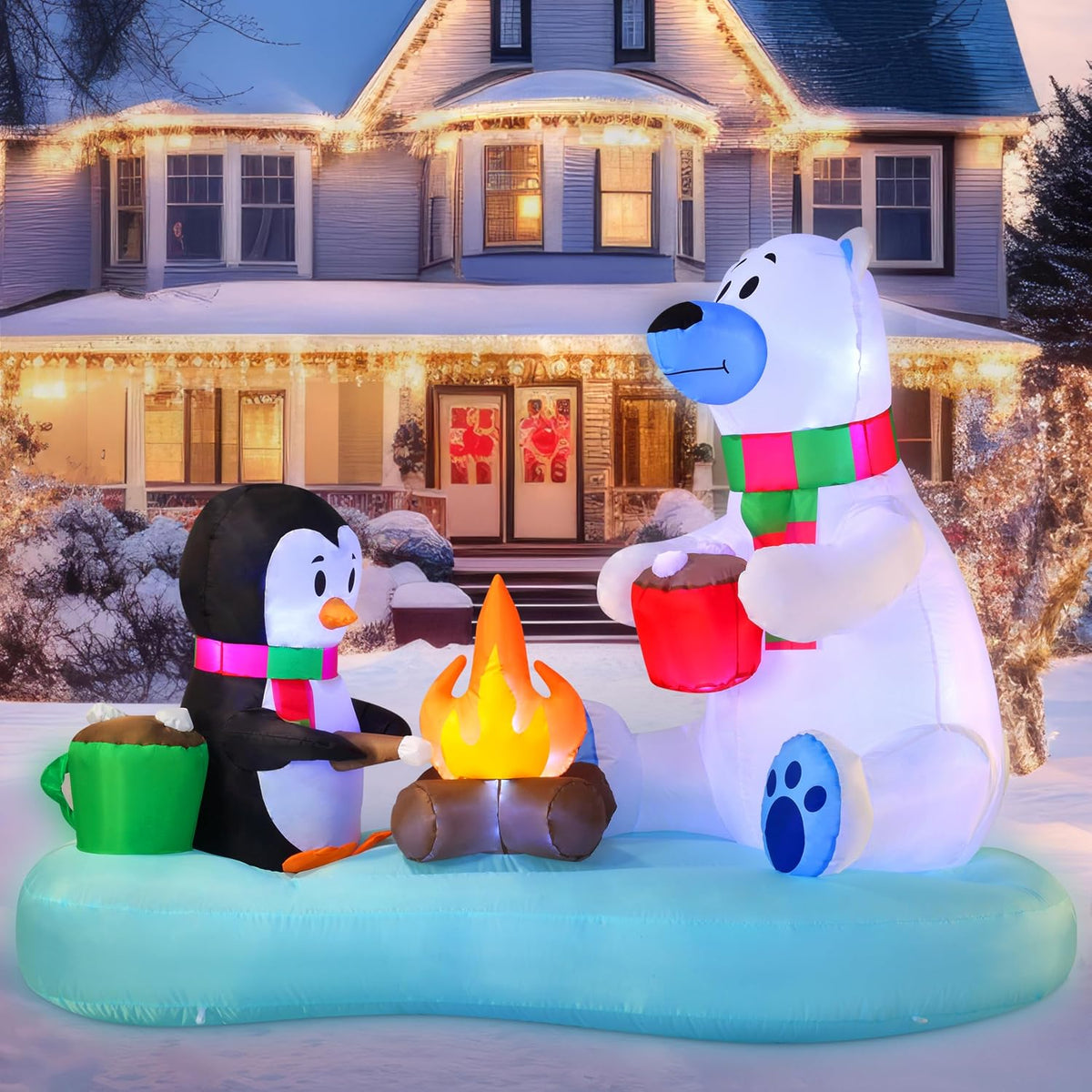 Joiedomi 6 FT Long Christmas Inflatable Polar Bear and Penguin with Campfire Decoration, Blow Up Yard Decor...