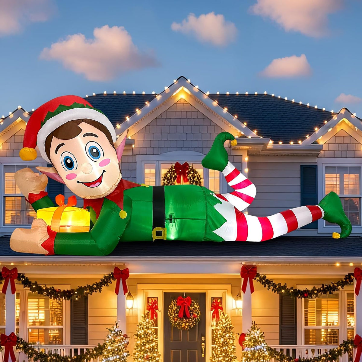 OurWarm 10FT Christmas Inflatable Outdoor Decoration, Giant Elf Inflatable Outdoor Christmas Blow up Yard