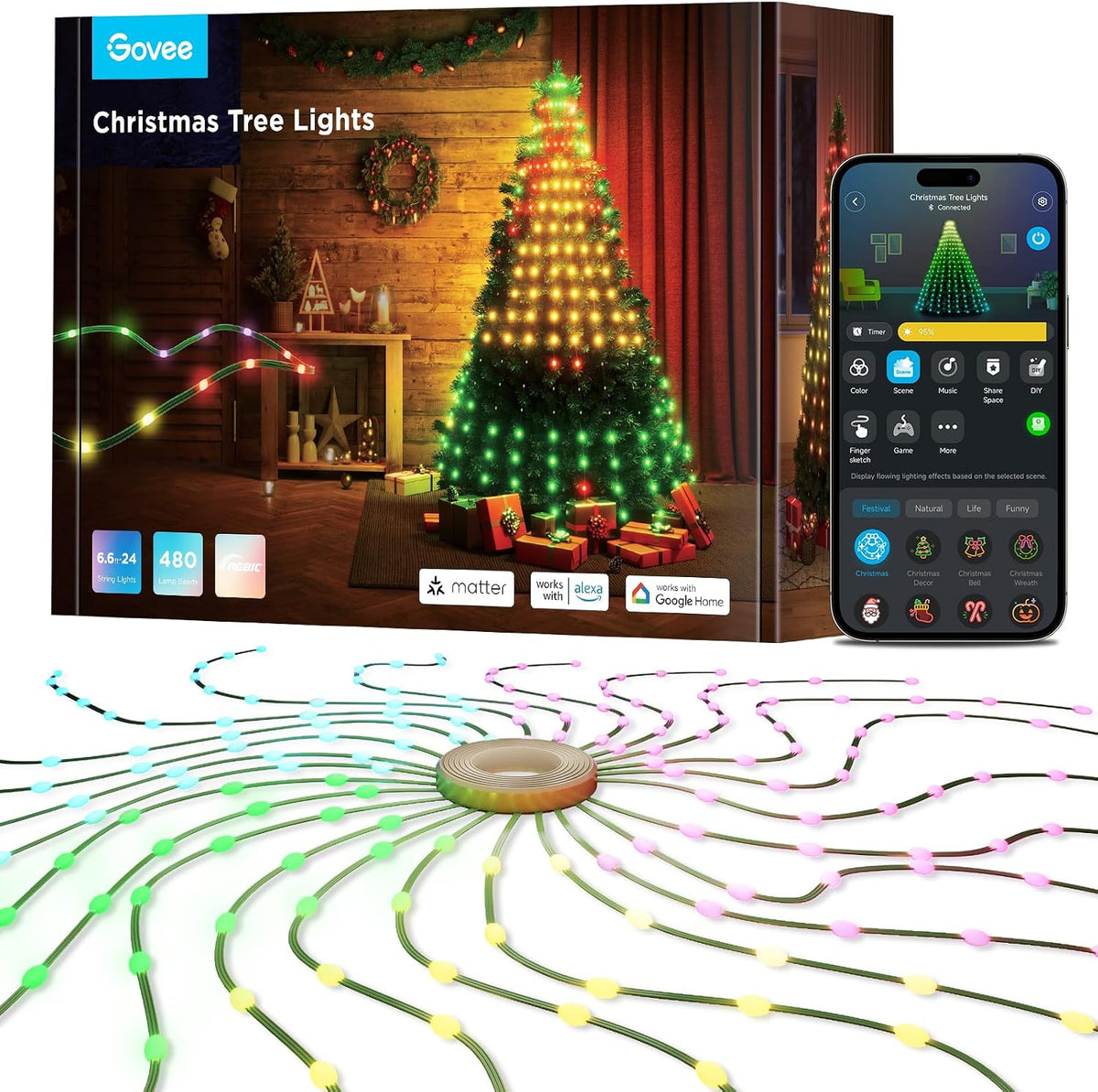 Govee Christmas Tree Lights, 6.6ft × 24 String Lights for Holiday Decor / Smart RGBIC Tree Lights for
