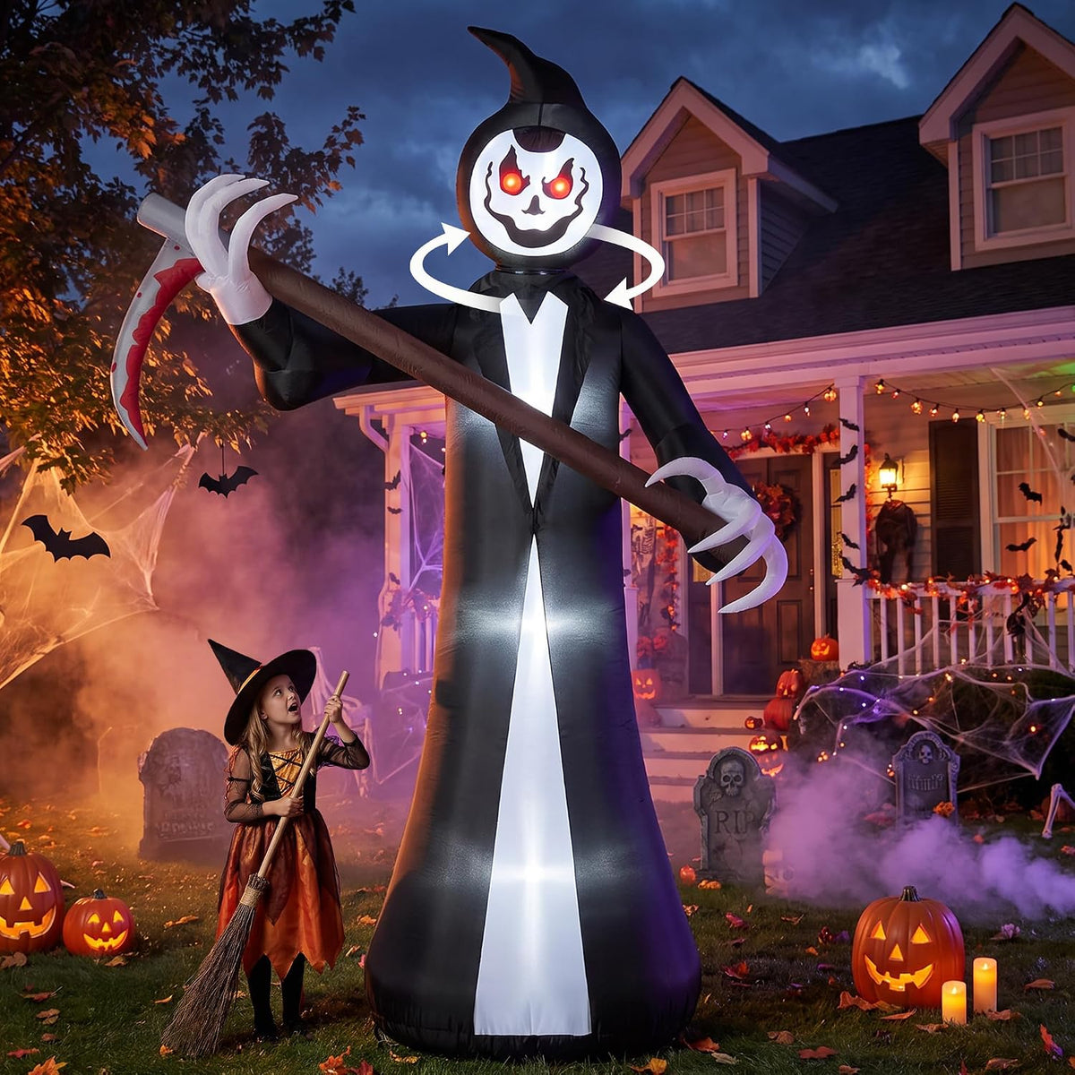 10FT Halloween Inflatables Outdoor Decorations, Giant Grim Reaper & Scythe / Rotating Head, Lighted Blow Up