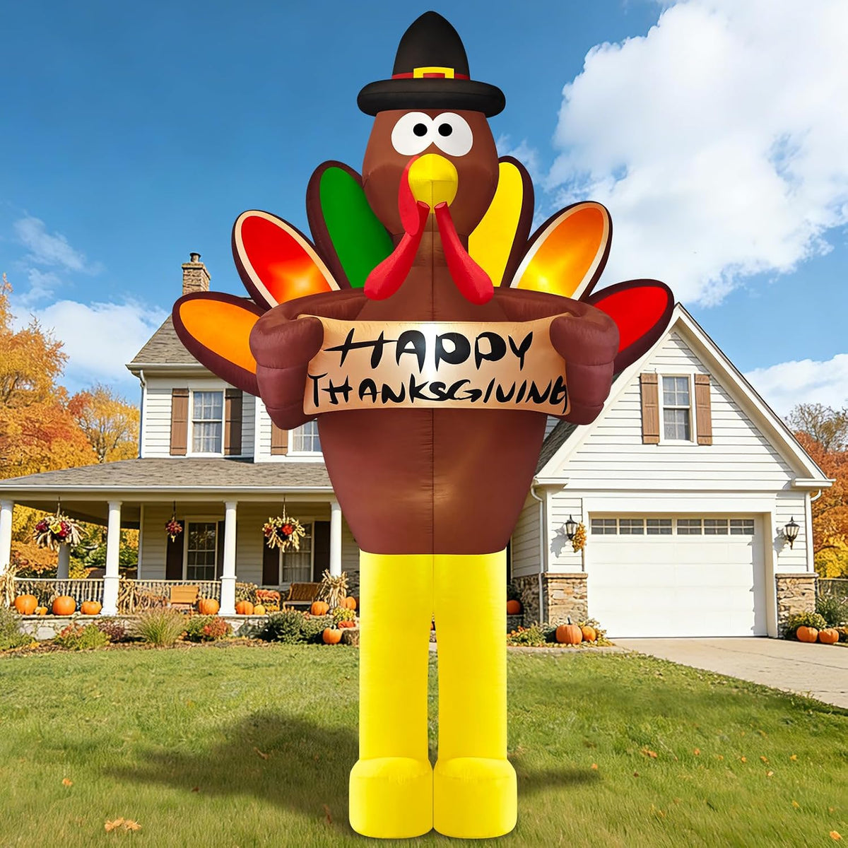 12FT Thanksgiving Inflatables Turkey Outdoor Decorations with Pilgrim Hat / Built in LED Lights, Giant Fall