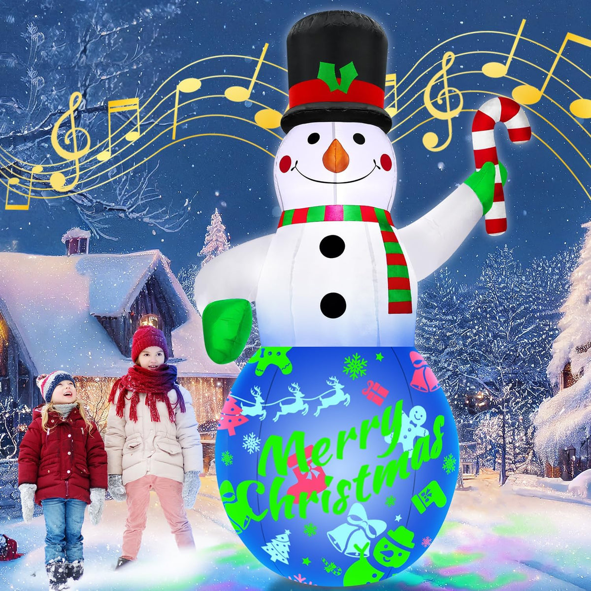 7Ft Christmas Inflatables Snowman Built-in Music Box & Rotating Colorful LED Lights, Christmas Inflatable
