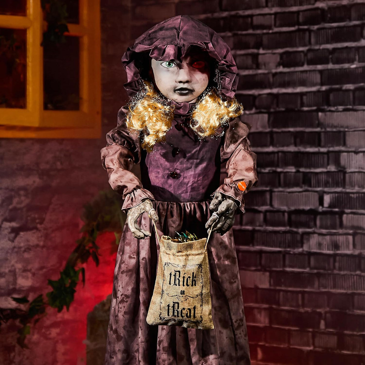 Halloween Animatronics 4ft Creepy Two-Face Doll, Animated 48" Decorations with Candy Bag, Sound Activated,