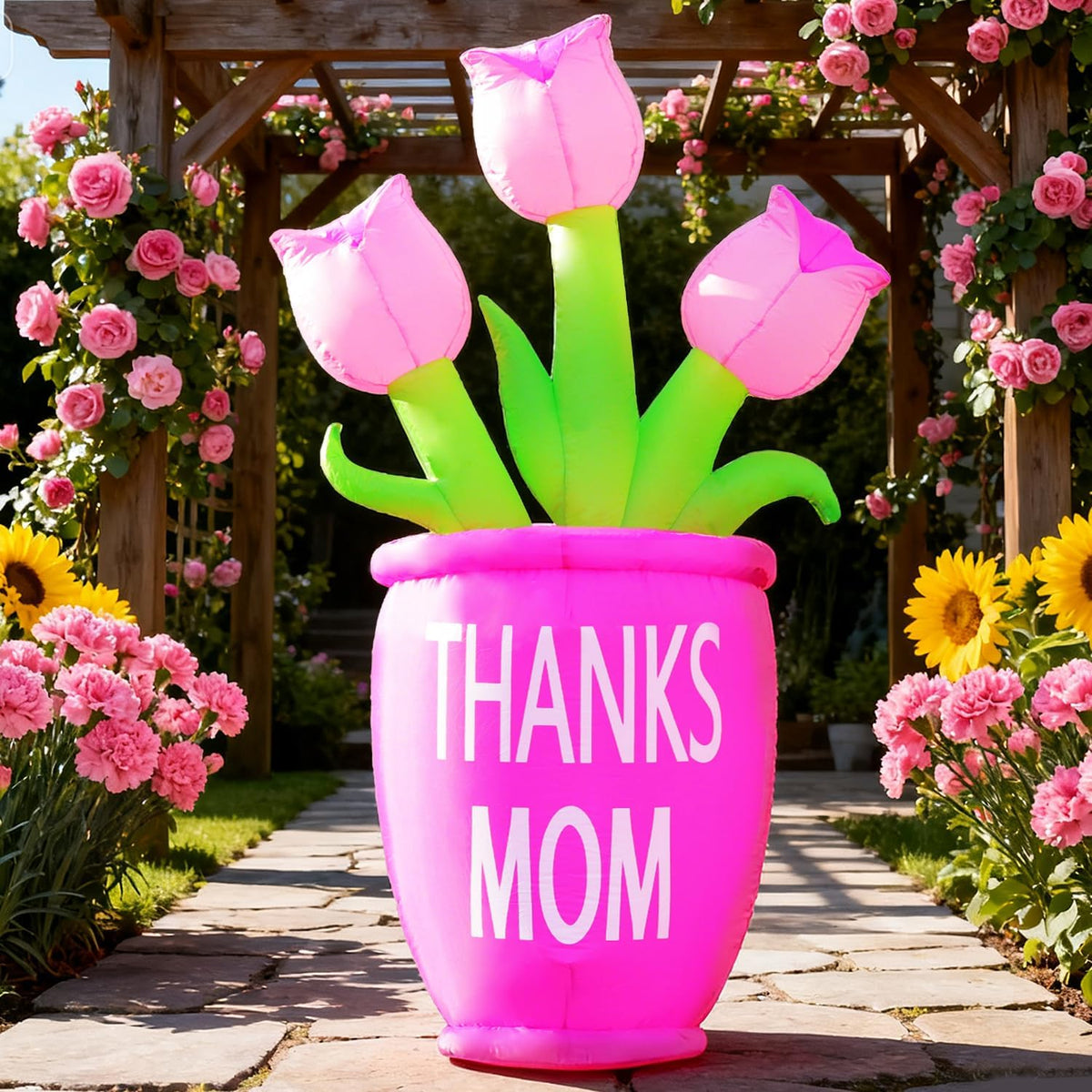DomKom 6ft Mothers Day Inflatables Outdoor Decorations, Mother's Day Flower Blow up, Build-in LED Lights for