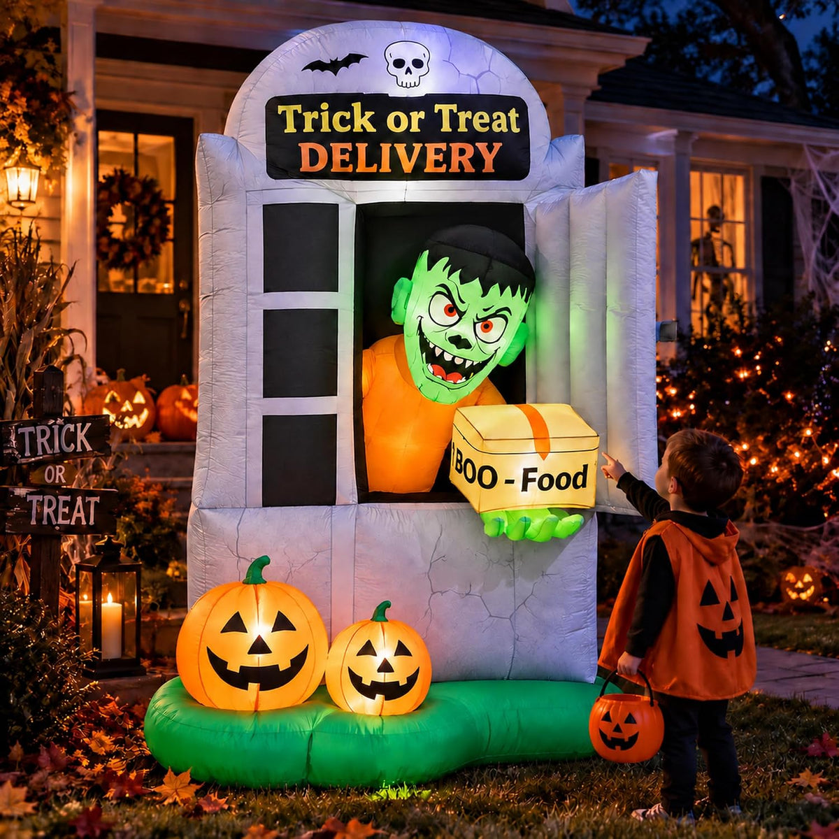 Evoio 7 FT Halloween Inflatable Monster Delivery Man, Trick or Treat Outdoor Yard Display with Pumpkins, 5