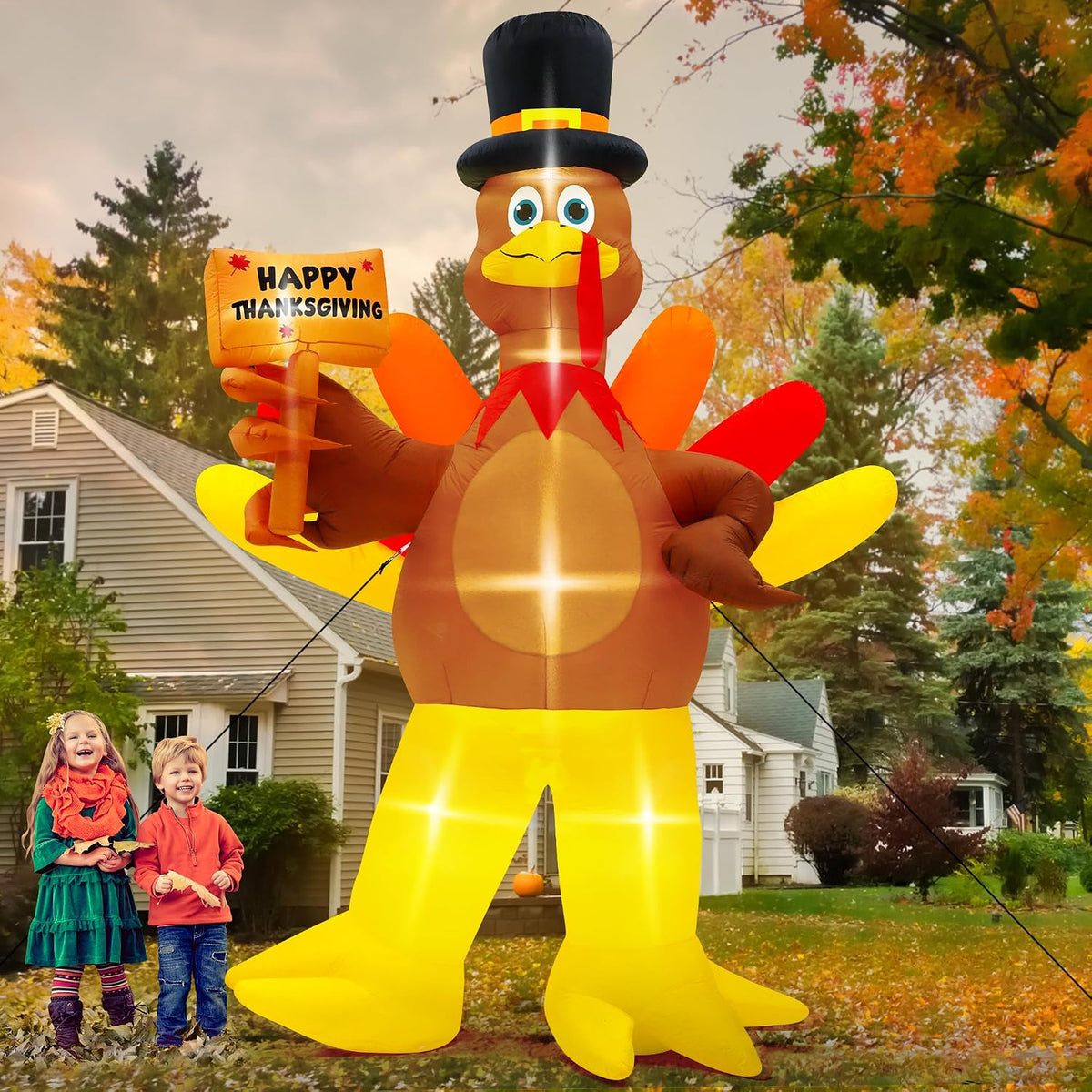 12FT Inflatable Turkey, LED Lighted Turkey Thanksgiving Outdoor Decor / Giant Turkey Holding Happy