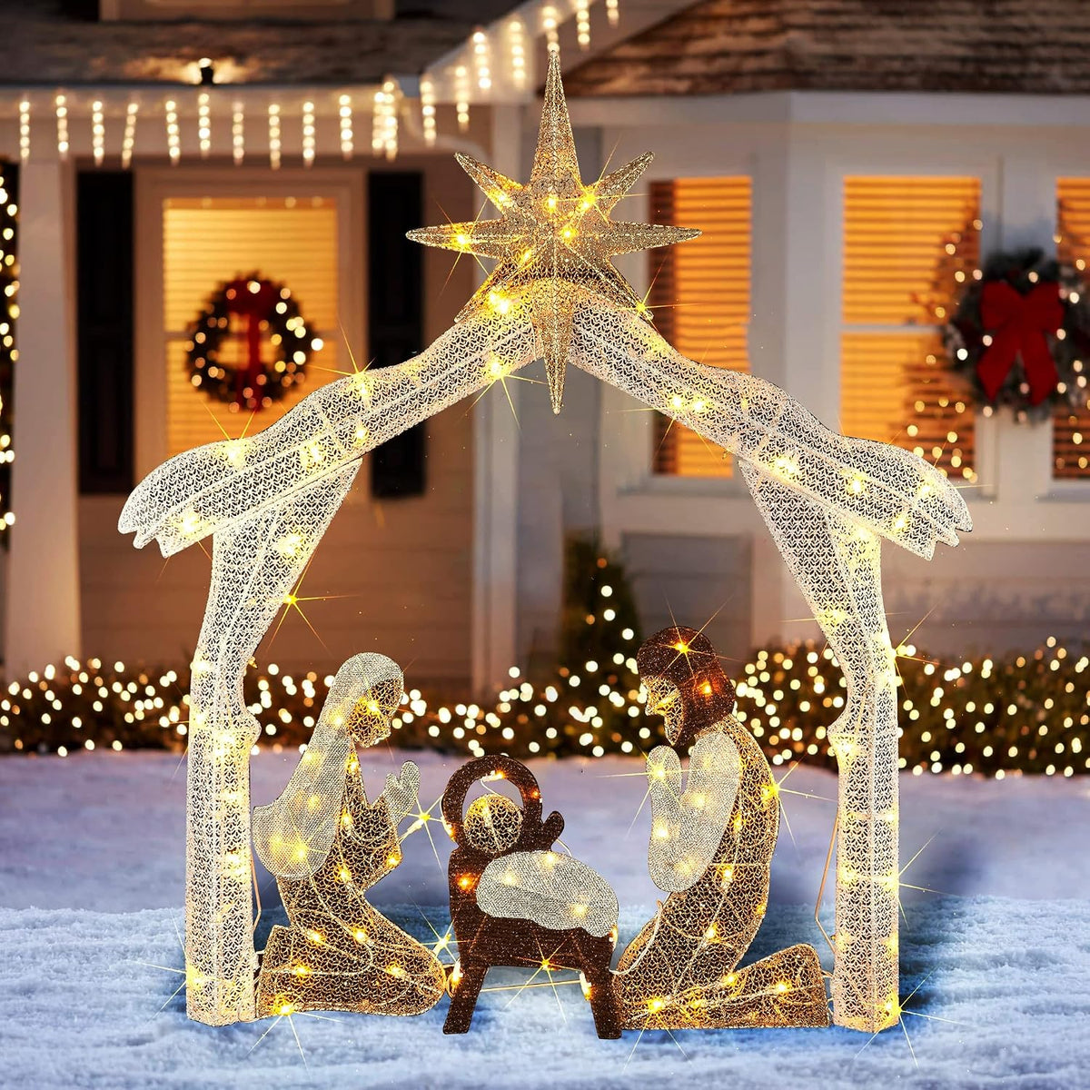 Hourleey 4FT Lighted Christmas Nativity Scene, Christmas Outdoor Decorations with 120 Count Pre-lit Warm