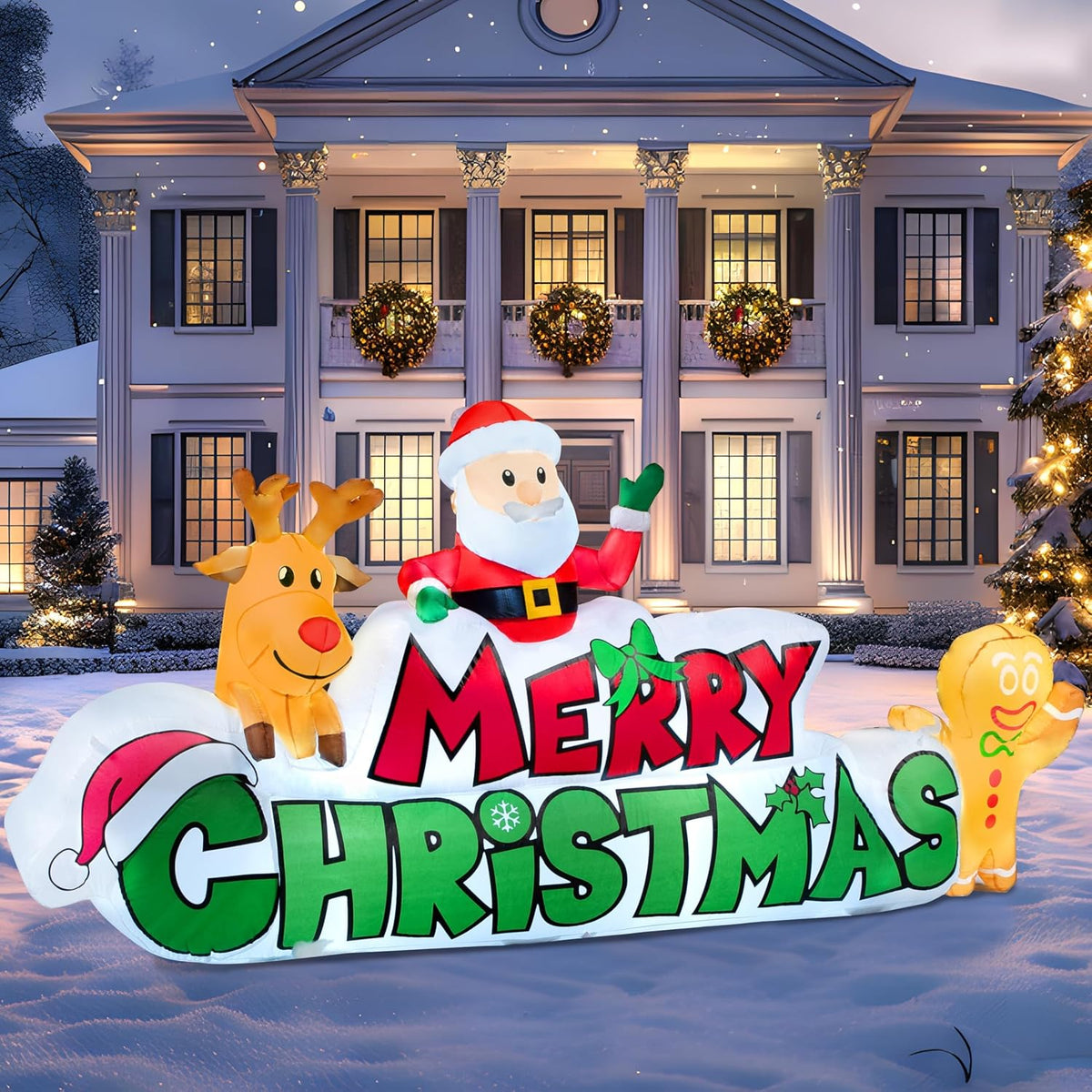 Joiedomi 9.5 FT Christmas Inflatable Merry Christmas Sign with Santa, Reindeer & Gingerbread Man – Built-in LEDs, Outdoor ...
