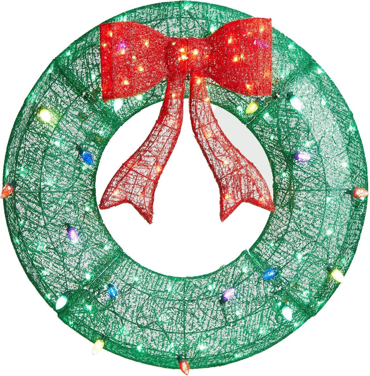 Glitzhome Lighted Christmas 3D Mesh Wreath Decor 35.5" H Holiday Outdoor Decoration with Colorful Bulbs and